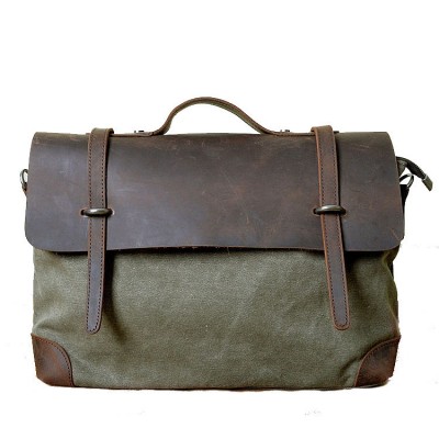 AT2 MESSENGER II VINTAGE™ Canvas - Leder Aktentasche Laptoptasche Arbeitstasche Umhängetasche - armeegrün 14"